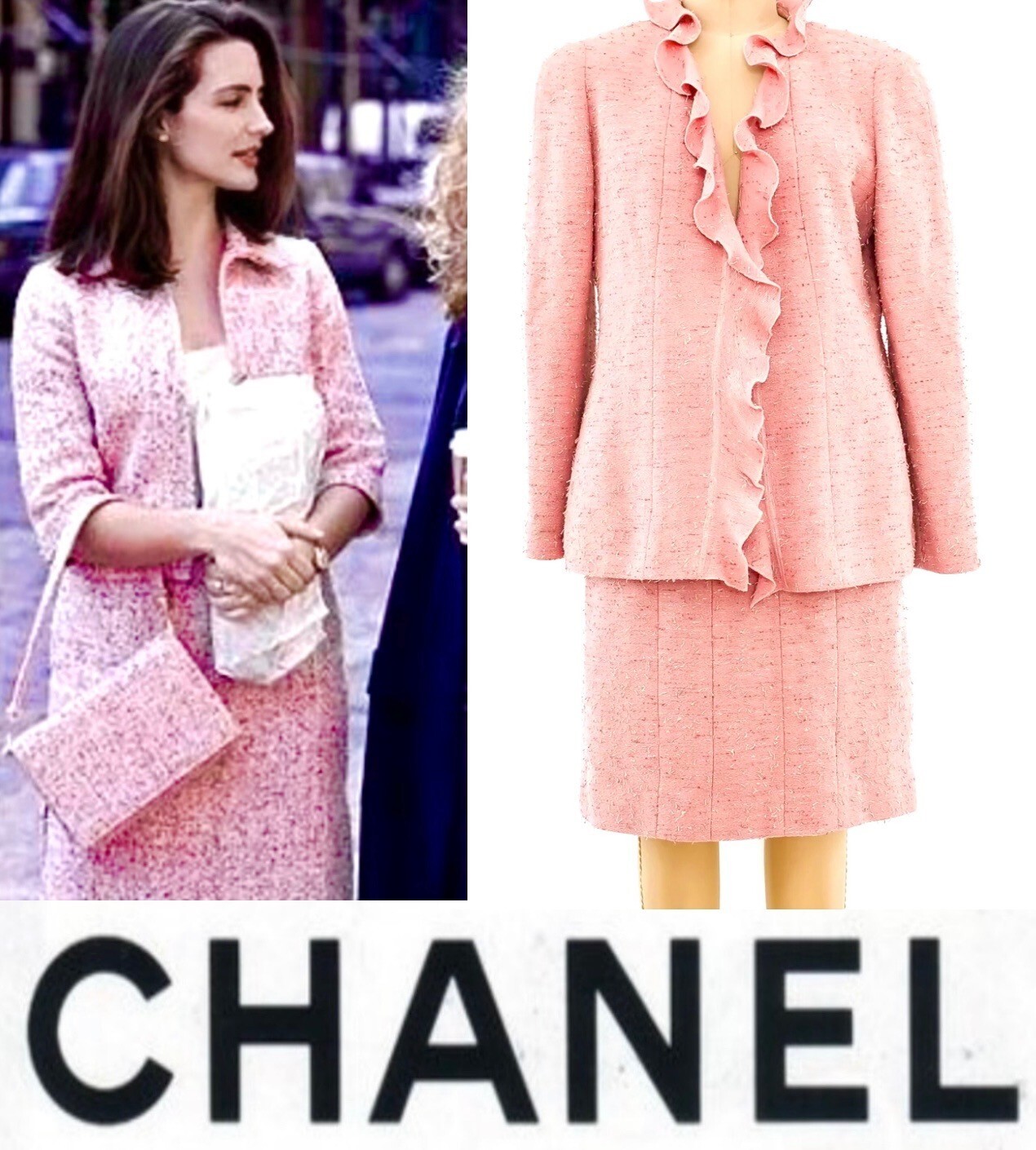 Chanel Vintage 1999 Pink Tweed Y2K Jacket Skirt Suit Set 38 40 6 8 Coat Top S M