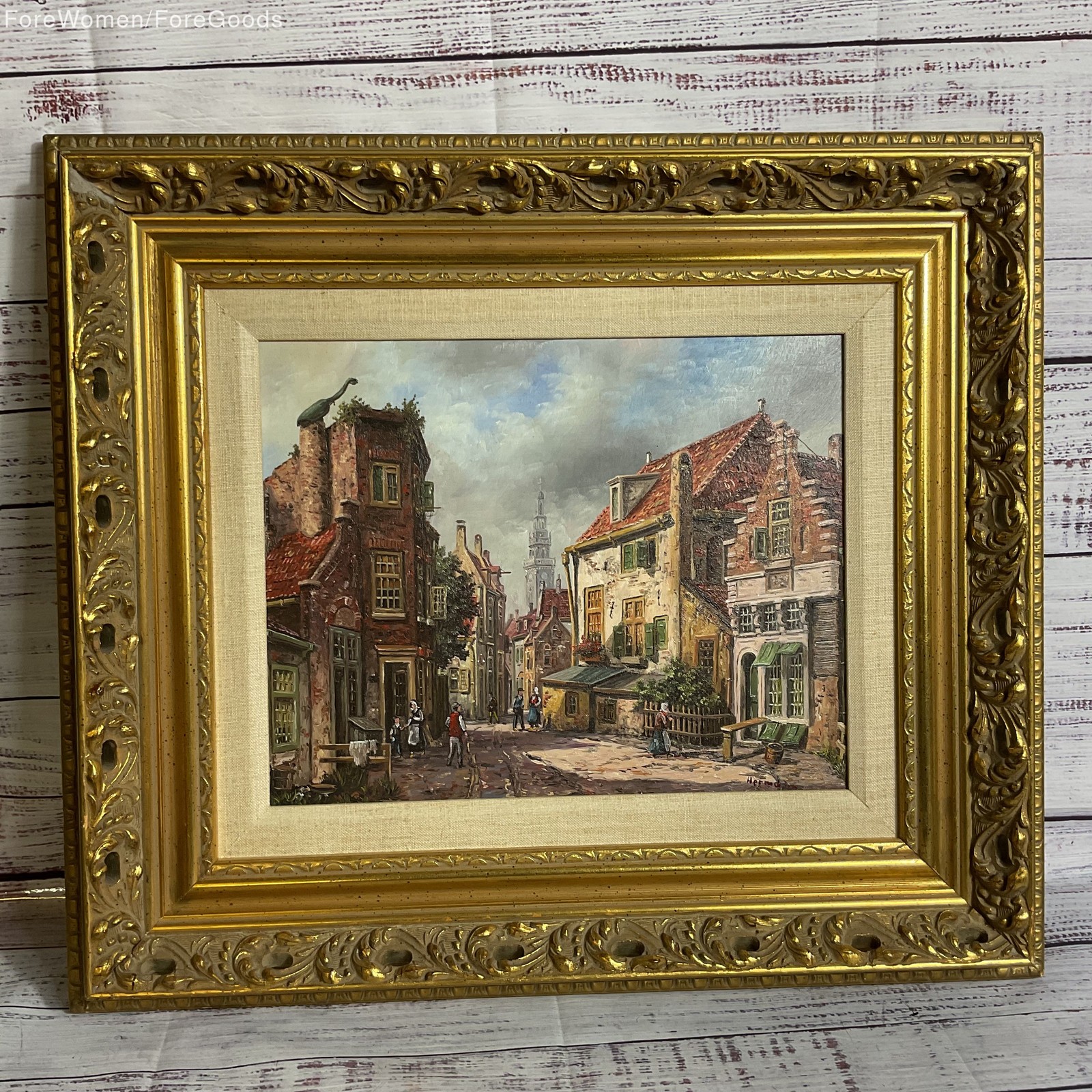 Signed VTG/ANTIQUE HERMANN Dutch Scene Oil Painting on Wood-FRAMED 16.25 X 18.75