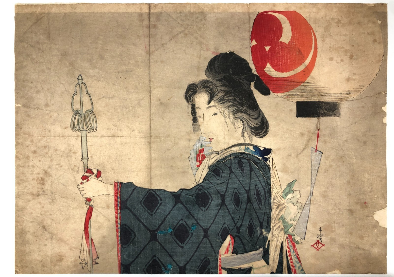 Toshimine Woodblock Print Frontispiece : Beauty, Mica Background Festival night