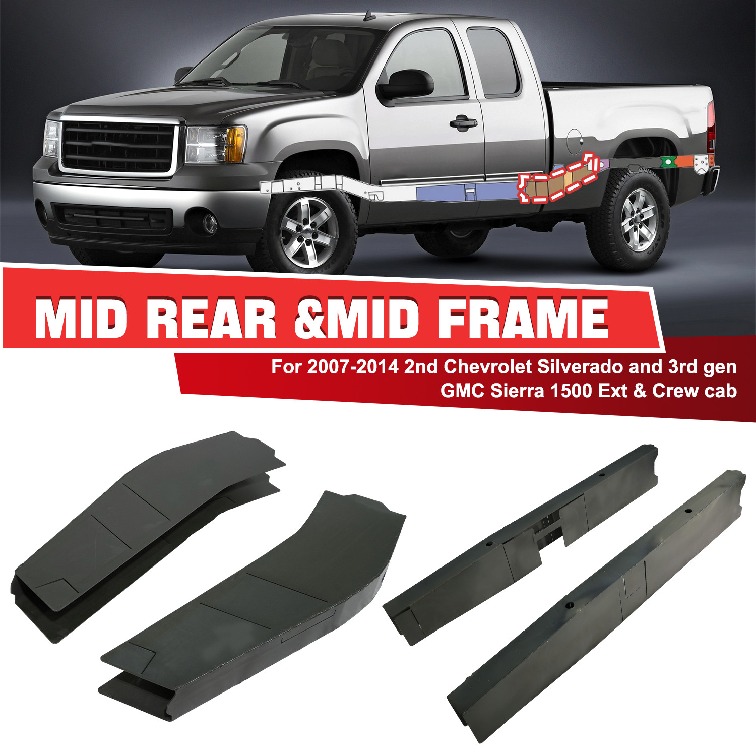 Mid & Mid-Rear Frame for 2007-2014 Chevy Silverado & Sierra 1500 Ext & Crew Cab