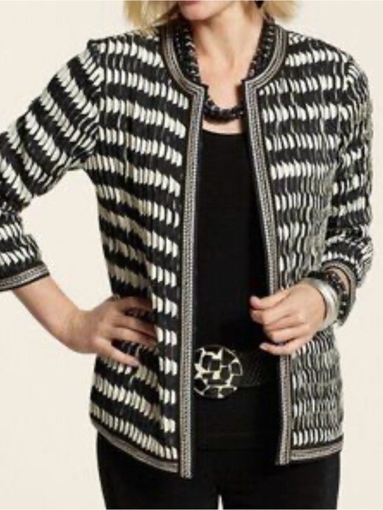 NEW Chico\'s Travelers Black Ivory Geometric Pleated Darby Jacket Embroidered Med