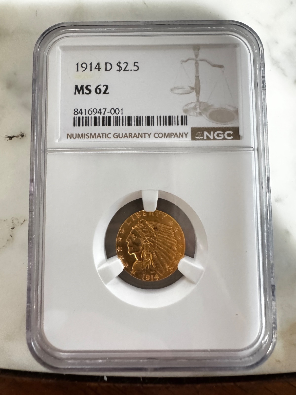1914-D $2.50 Indian Head Gold Quarter Eagle MS62 NGC