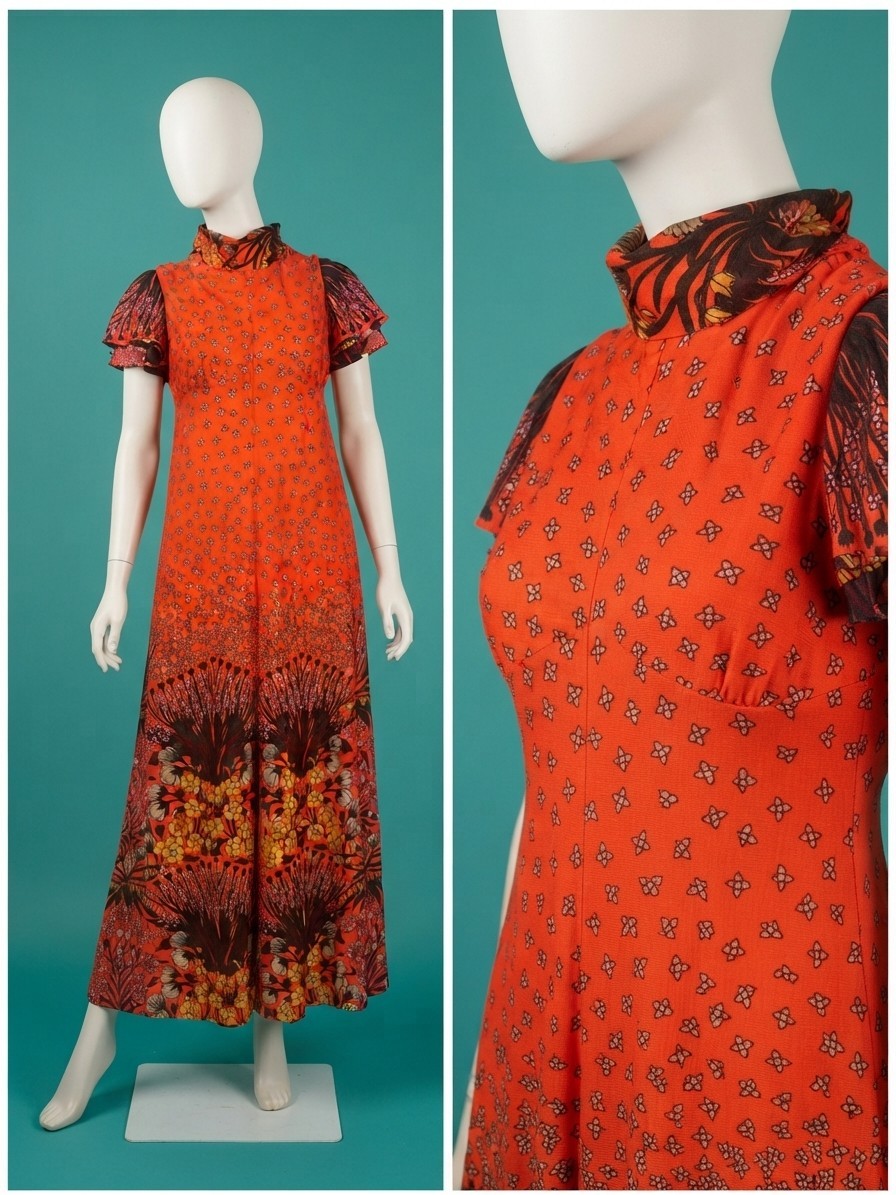 Vintage 1960s Bright Orange Floral Maxi Dress With Flutter Sleeves Size S