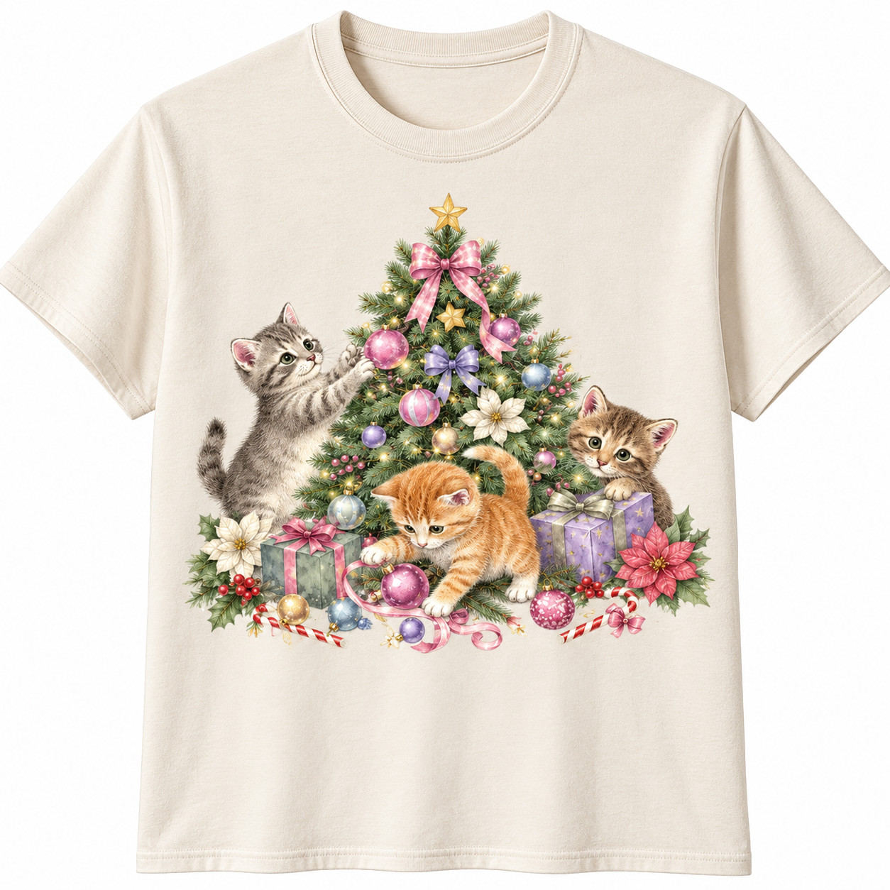 Vintage Christmas Kittens T-Shirt Cute Cat Tree Pink Bow Holiday Graphic Tee