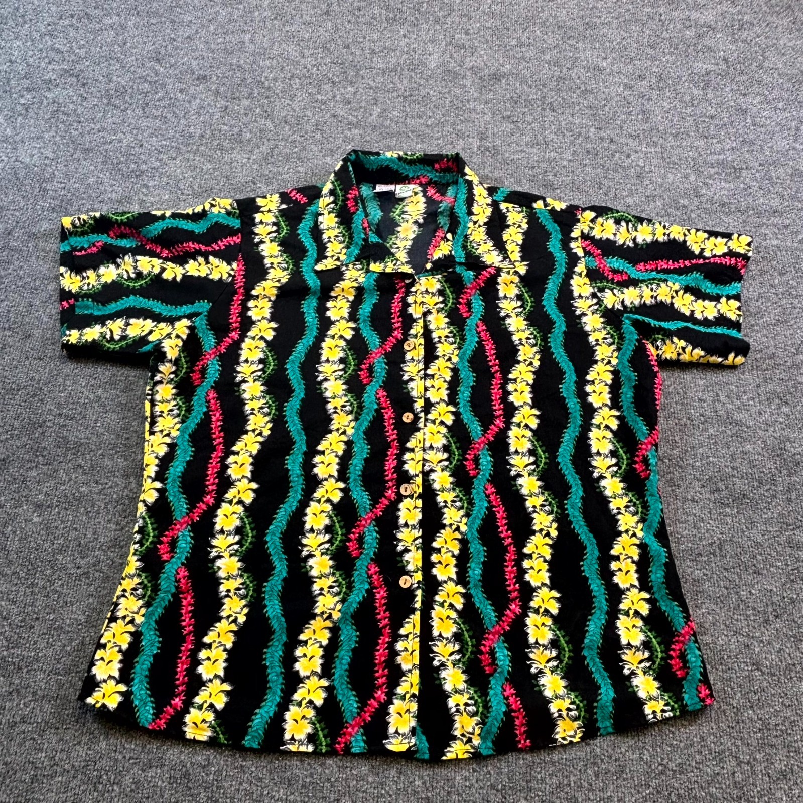 Ten 2 One Button-Up Shirt Mens XL Black Polyester Floral Beach Tropical Hawaiian