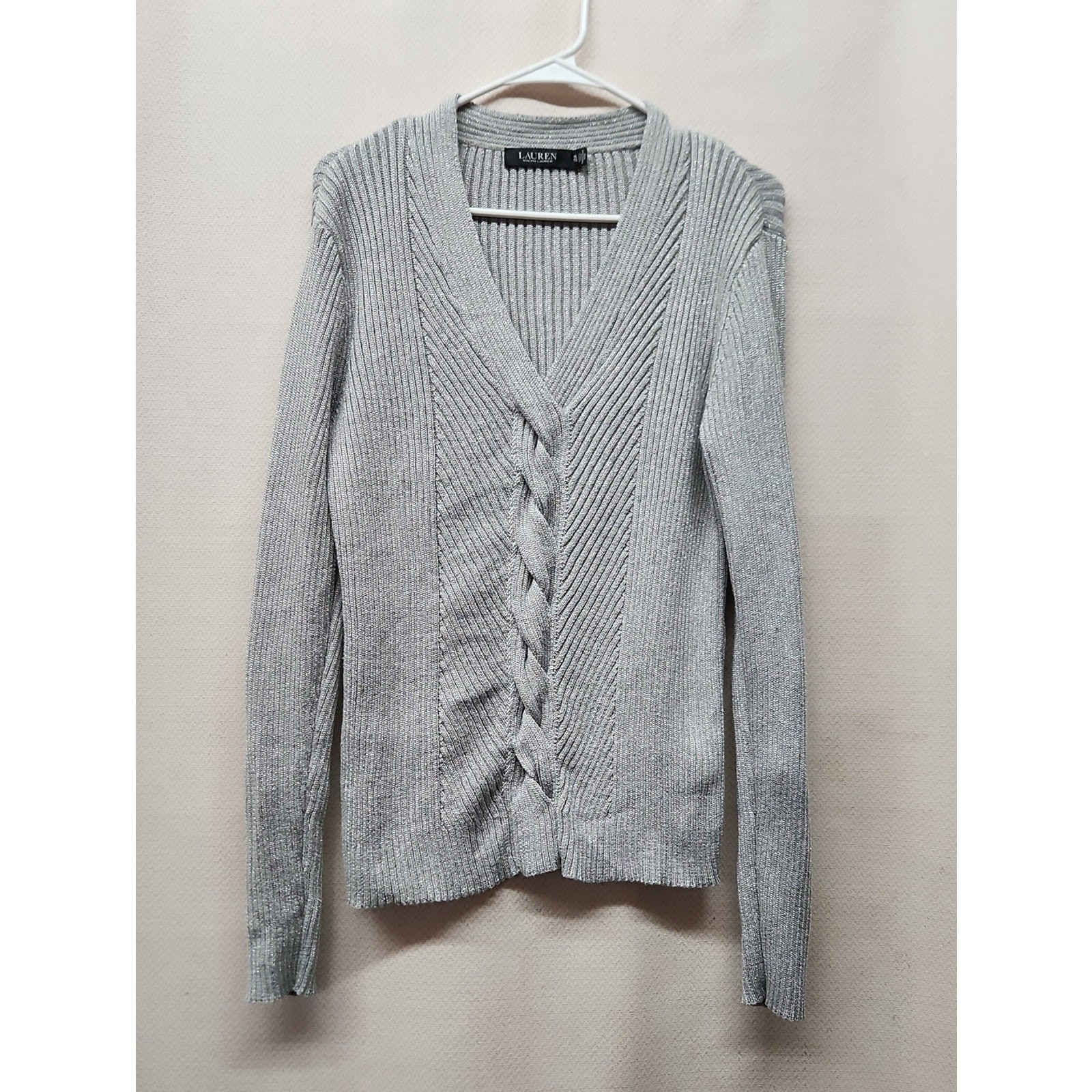 Lauren Ralph Lauren Silver V-Neck Cable-Front Sweater Lauren Ralph Lauren Silver V-Neck Cable-Front Sweater