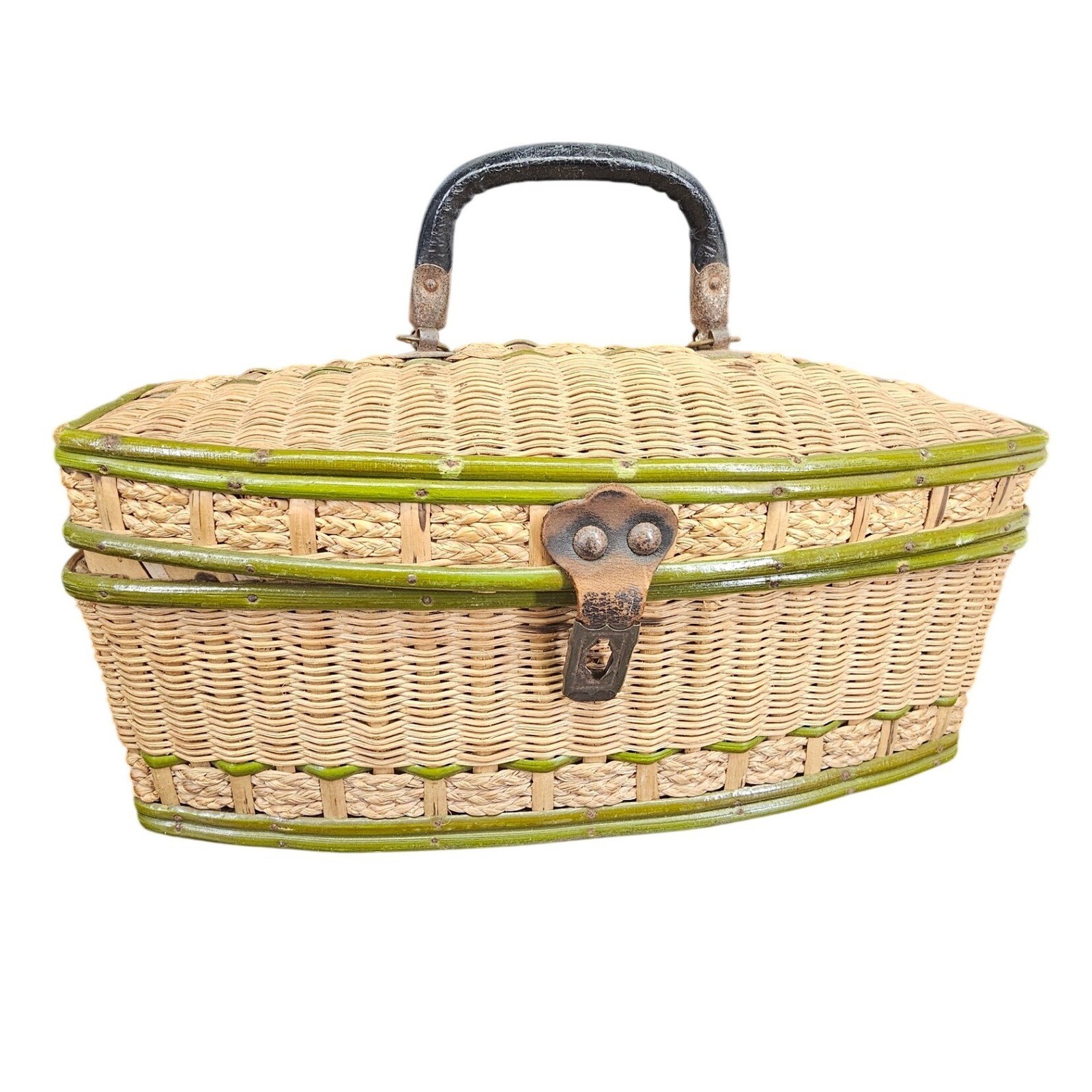 Sewing Basket Antique 19th Century Wicker Green Trim Leather Handle 9.5\