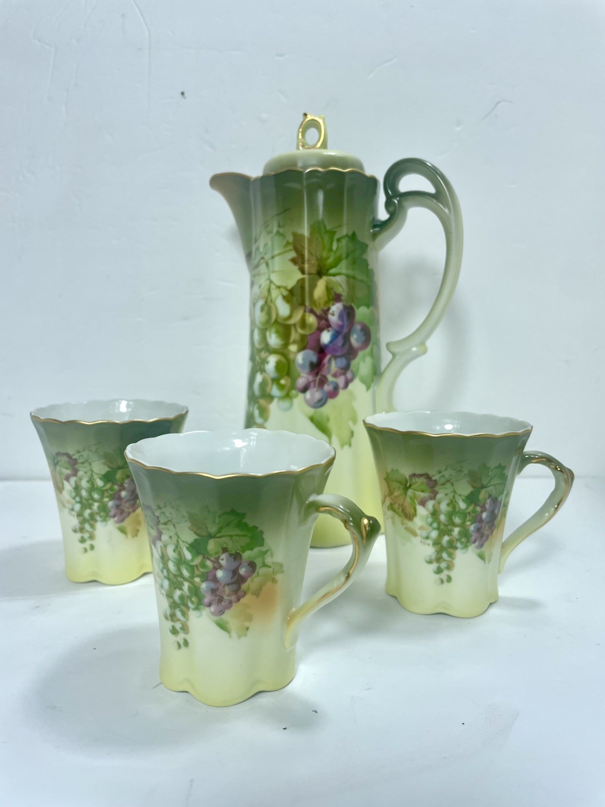 Antique A.C. Bavaria Grape Green Chocolate Pot with Lid Set 3 Cups 