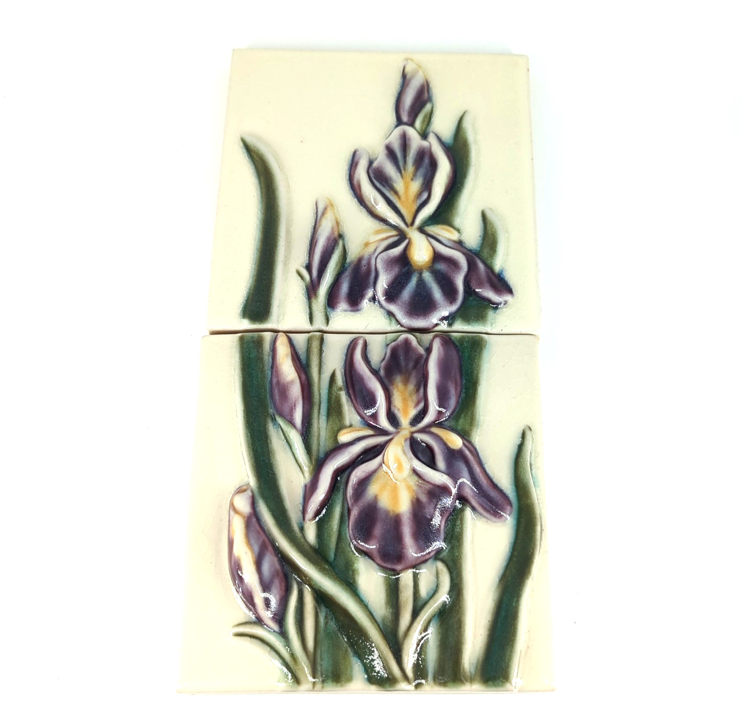 Rookwood Faience Vintage Art Pottery Set Of 2 Iris Tiles relief design