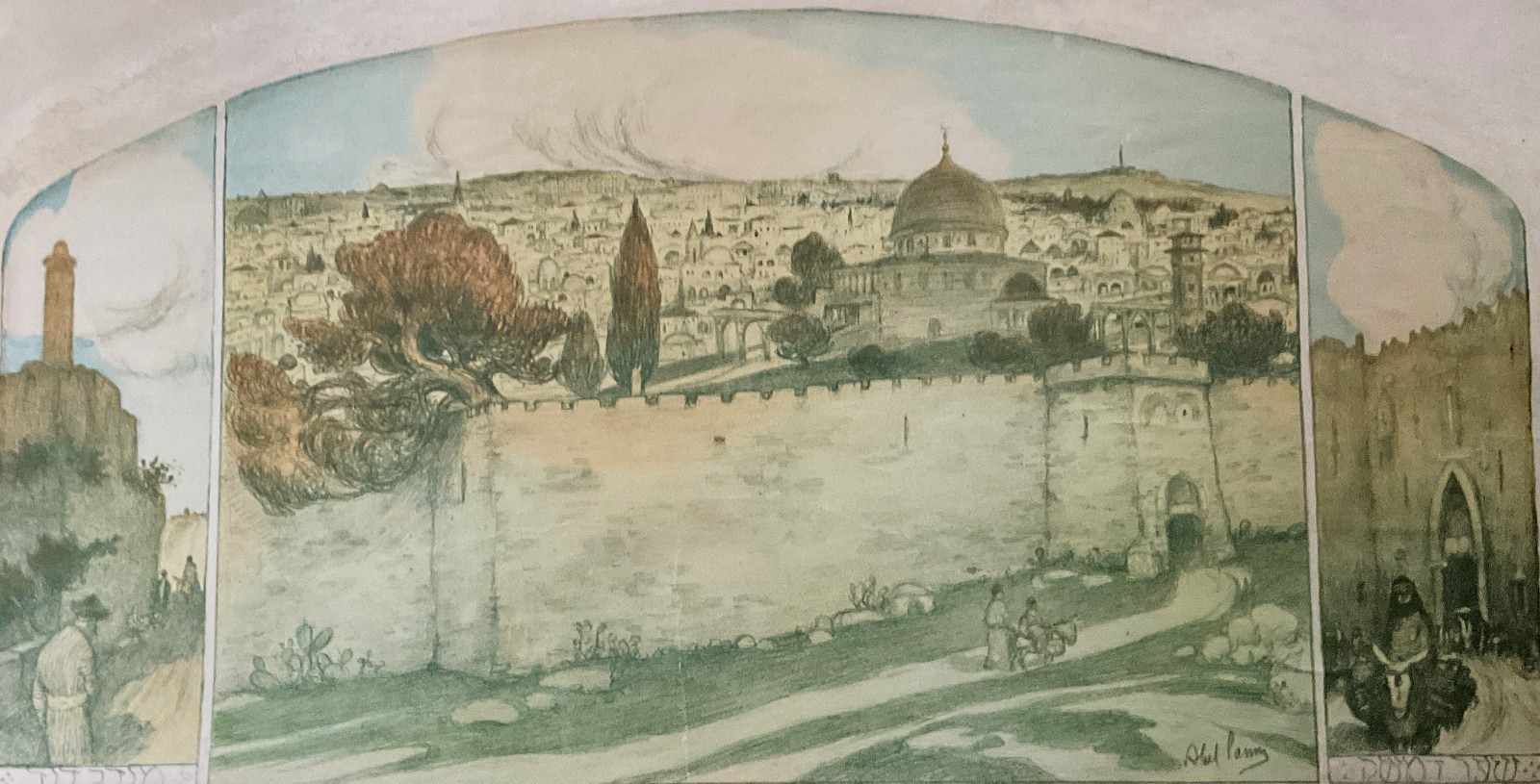 ABEL PANN   LITHOGRAPH  JERUSALEM OLD CITY VIEW   TRIPTYCH   1918  FIRST EDITION