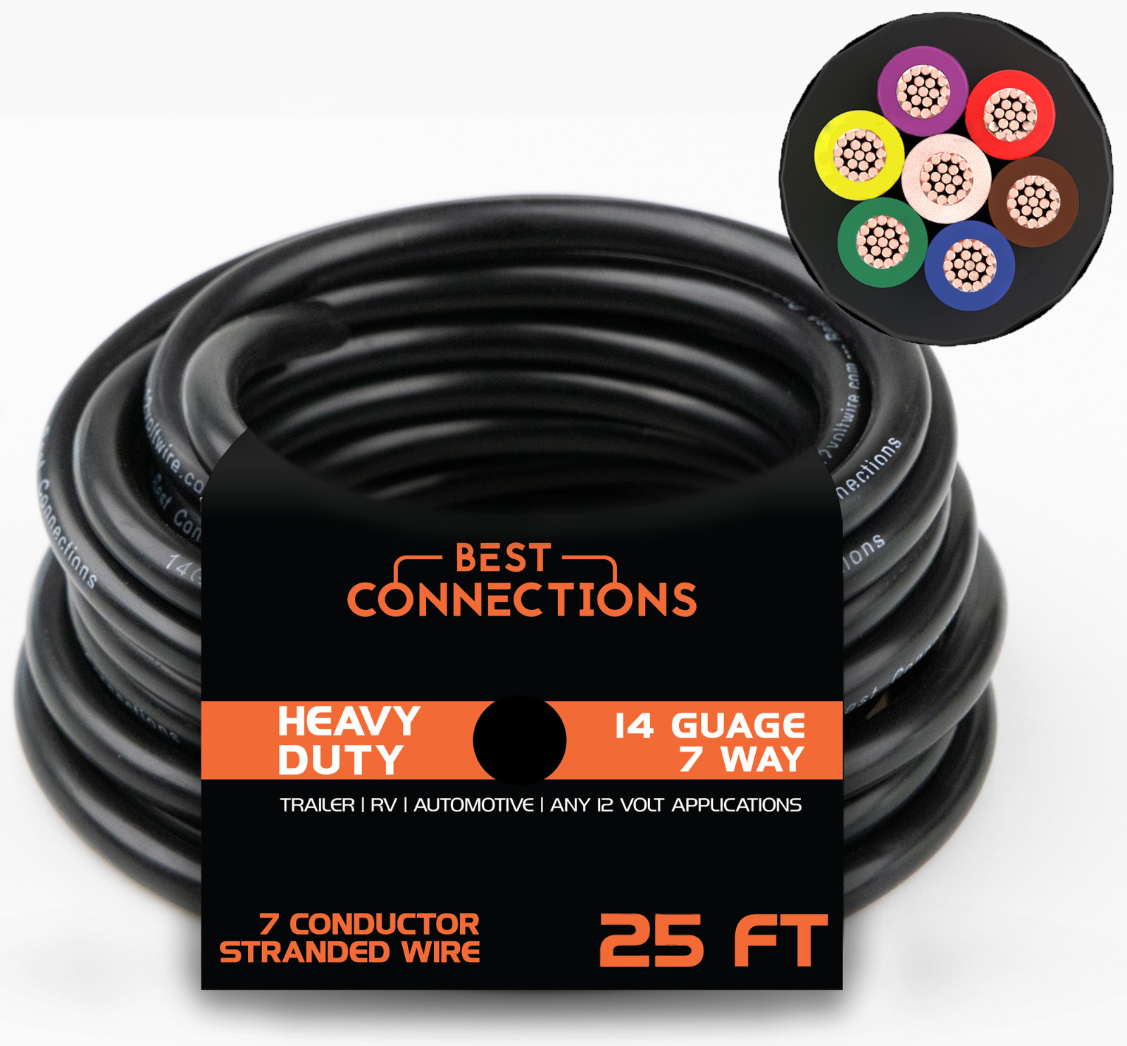 BEST CONNECTIONS 14 Gauge 7 Way Trailer Wire Durable, Weatherproof, Color-Coded