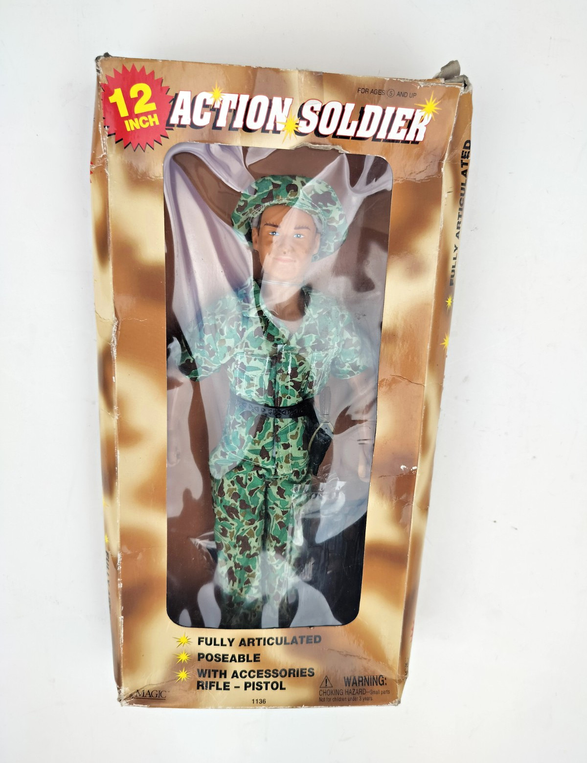 vintage Magic 12in Soldier Action Figure Boxed Fully Articulated w/ Rifle & Pist
