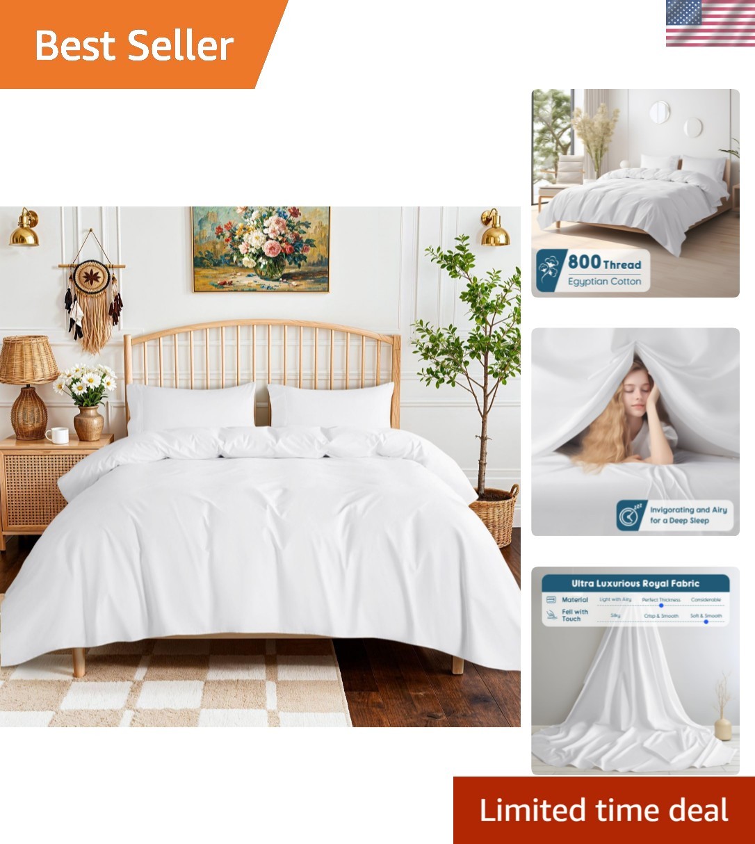 800 Series 100% Egyptian Cotton King Size Sheets,Sateen Weave