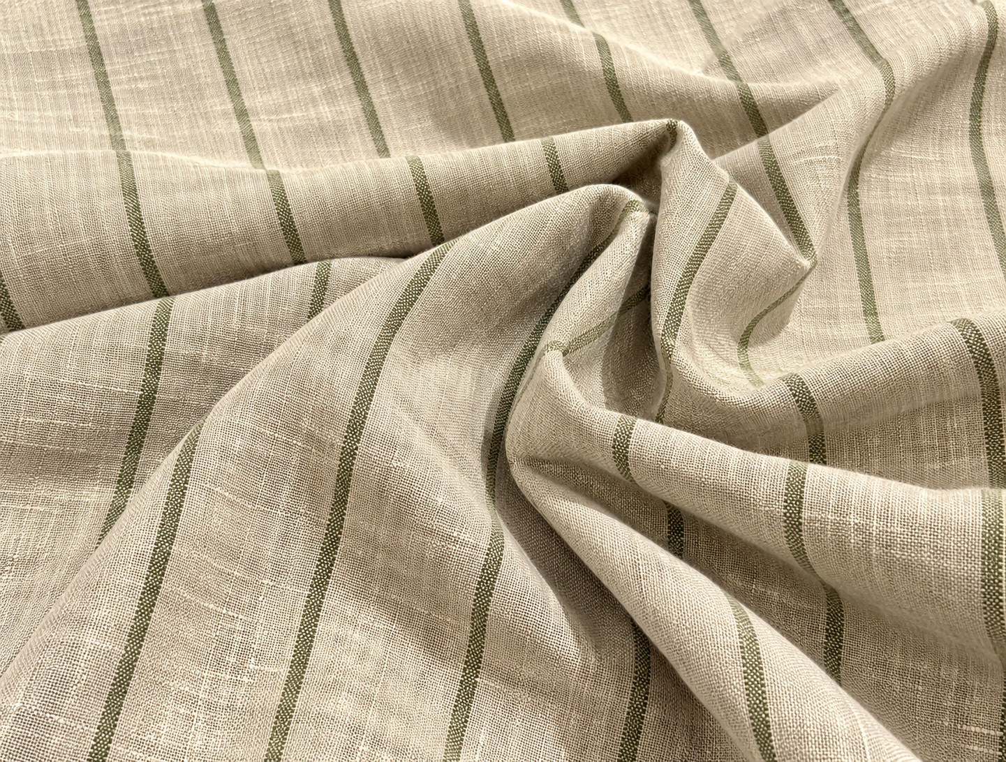 100% Flax Linen Fabric Olive Green Stripe Yarn Dyed Natural 56\