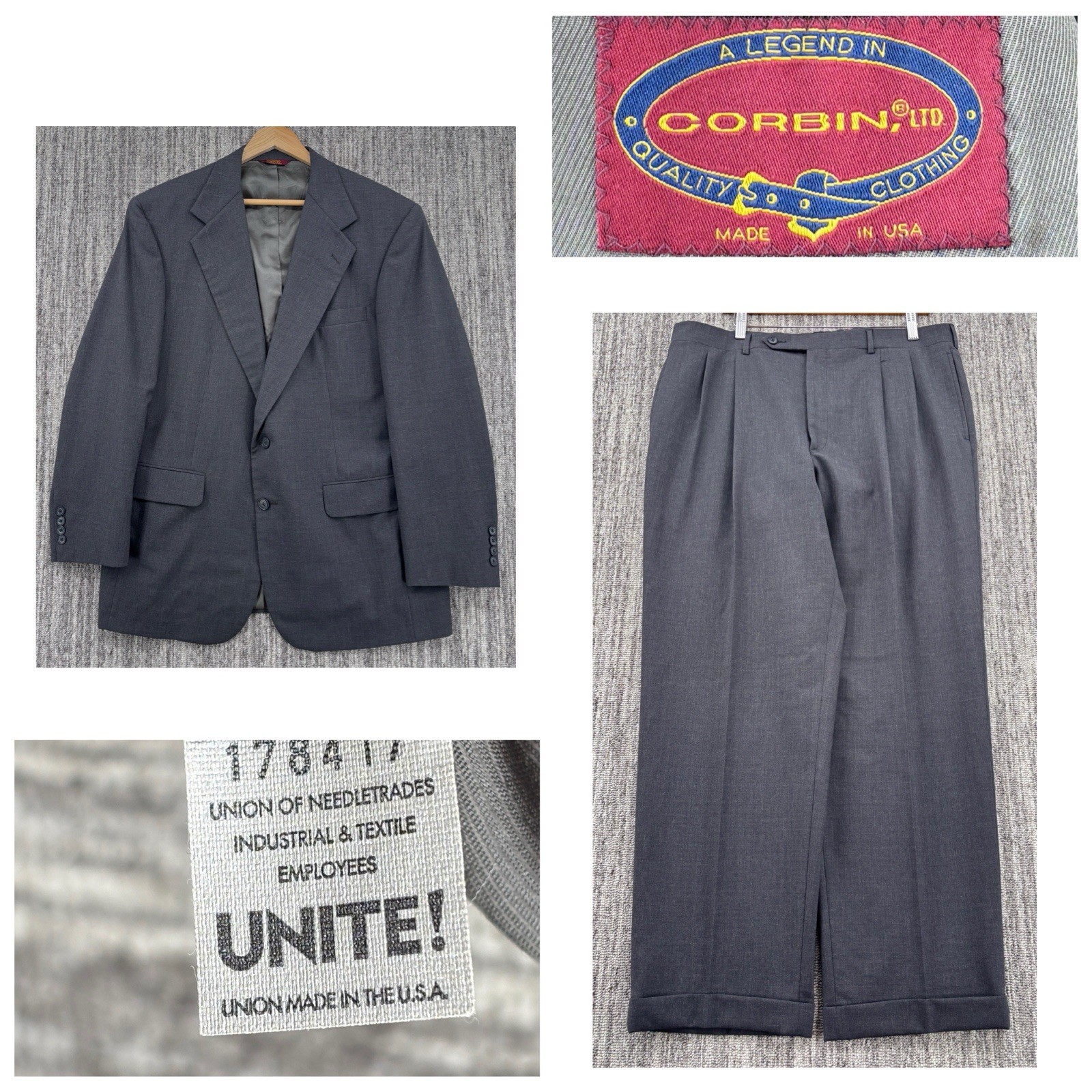 VTG Corbin Men’s 2pc Gray Pleated Cuffed Suit 44R 37x30 Union Made In USA 9” Leg