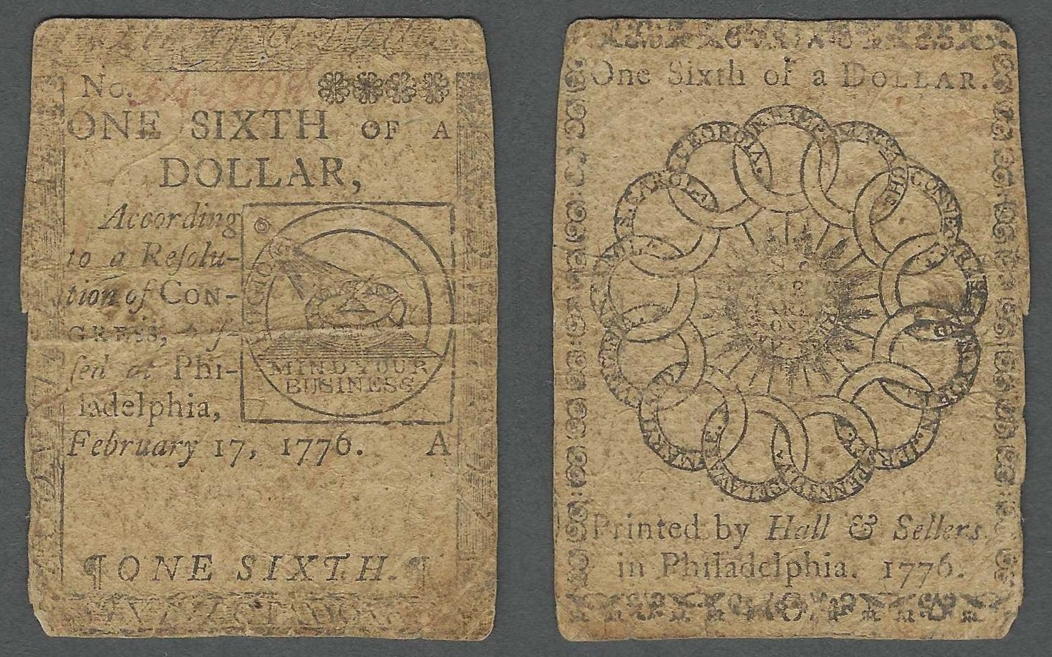 1/6 Dollar 2/17/ 1776, Fr. CC-19, Ben Franklin Design Continental Currency