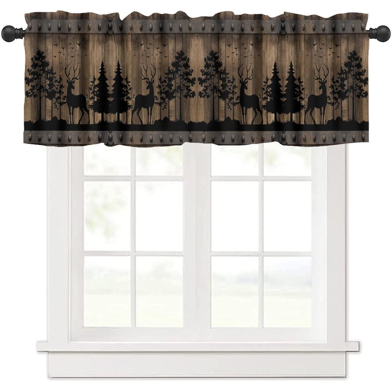 Farmhouse Moose Valance Curtain,Deer Rustic Western Country Cabin Forest Vint...