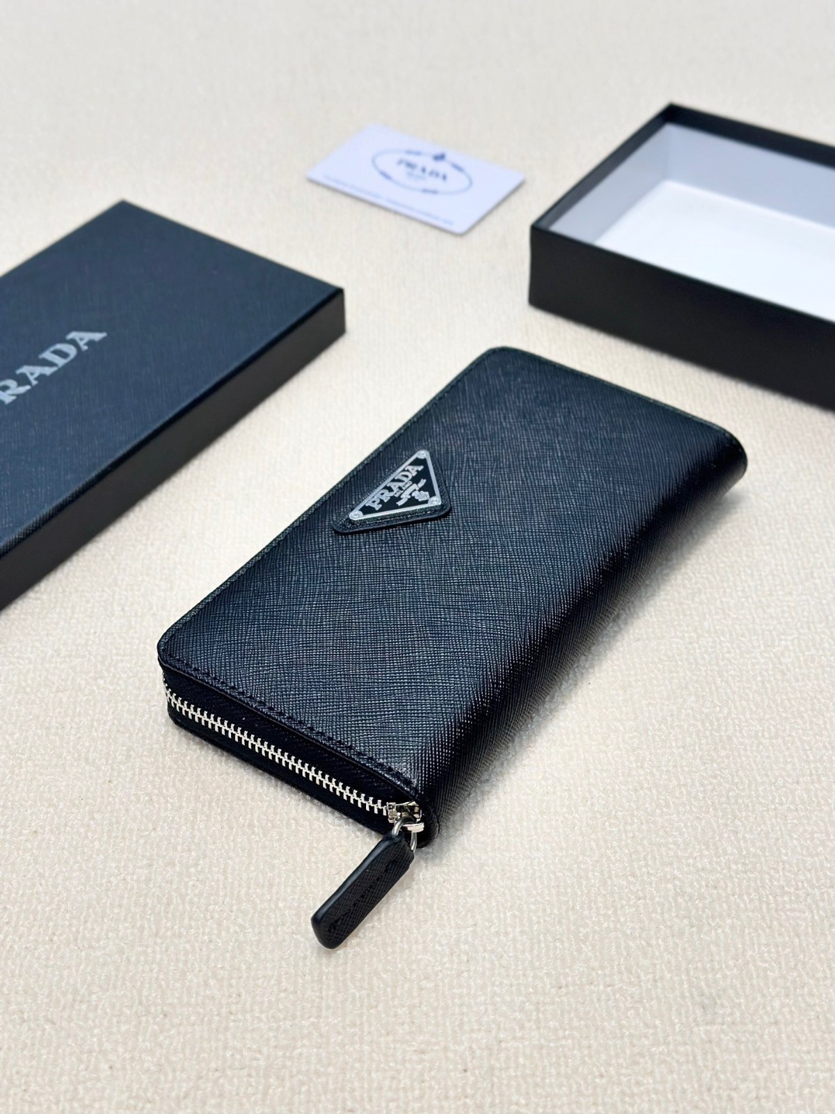 PRADA Black Saffiano Leather Zip-Around Long Wallet 20×10cm