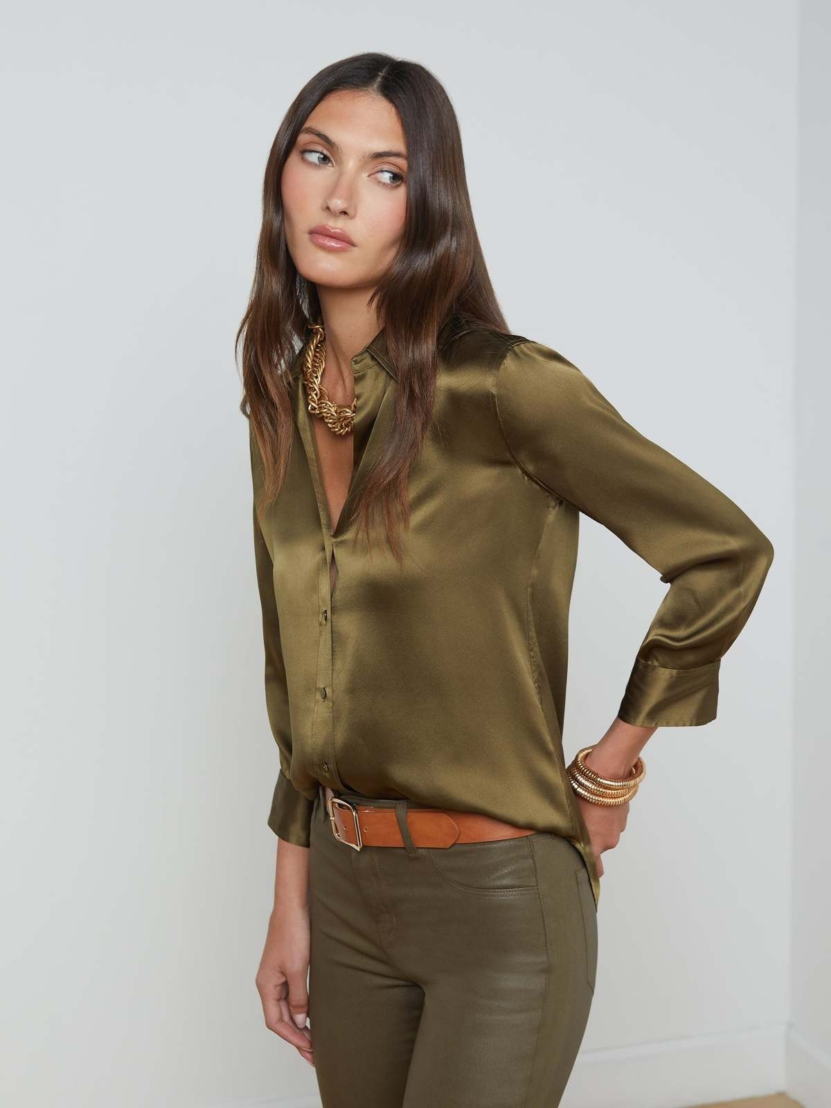 NEW  L\'AGENCE Dani Silk Blouse PINEWOOD SLXL