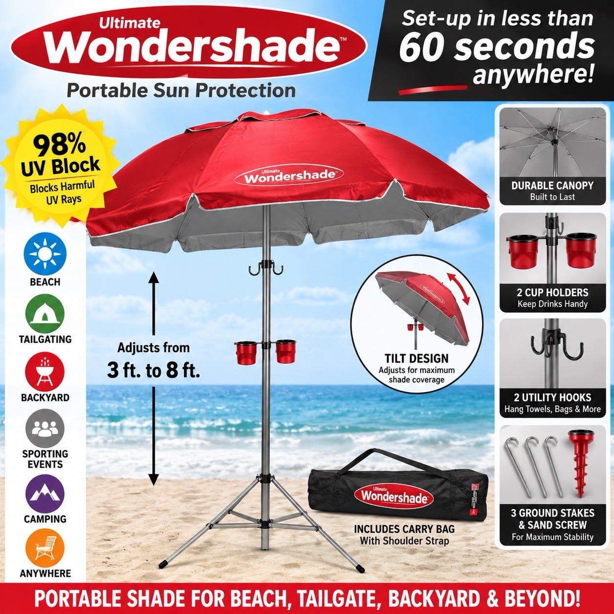 ULTIMATE WONDERSHADE PORTABLE SUN SHADE UMBRELLA RED NEW IN BOX 5 FT
