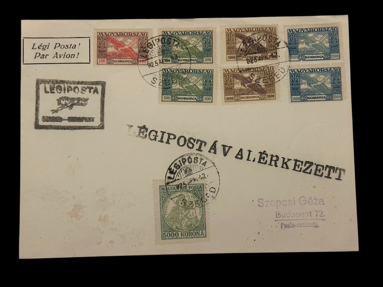 1938 Hungary Airmail Cover Budapest Szeged Legiposta Multiple Korona Stamps 1938 Hungary Airmail Cover Budapest Szeged Legiposta Multiple Korona Stamps