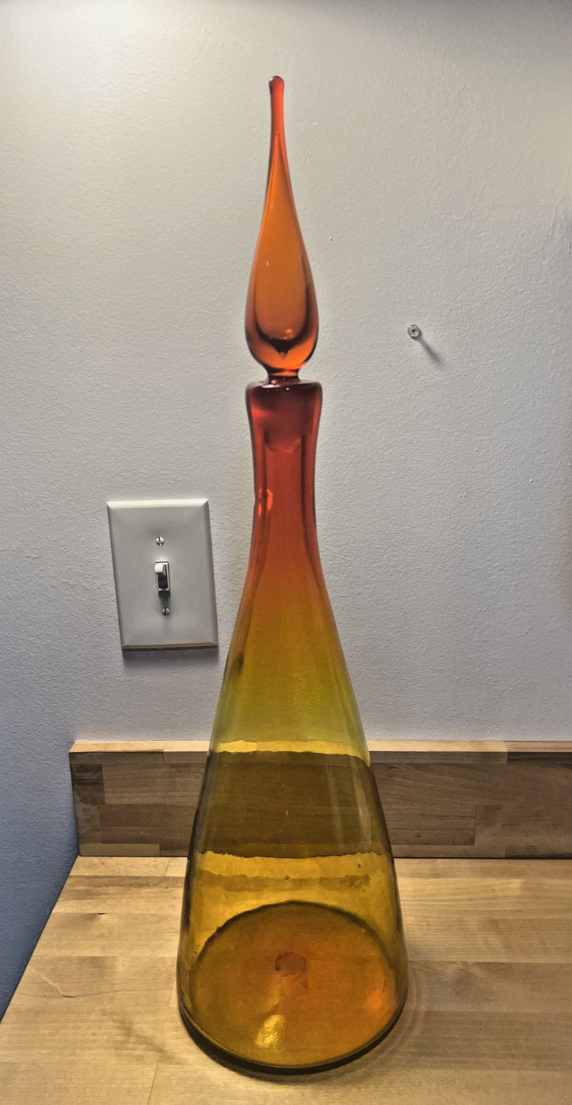 Midcentury Blenko Model 920-L Vintage Art Glass Decanter w/ Red Yellow Ombre 23