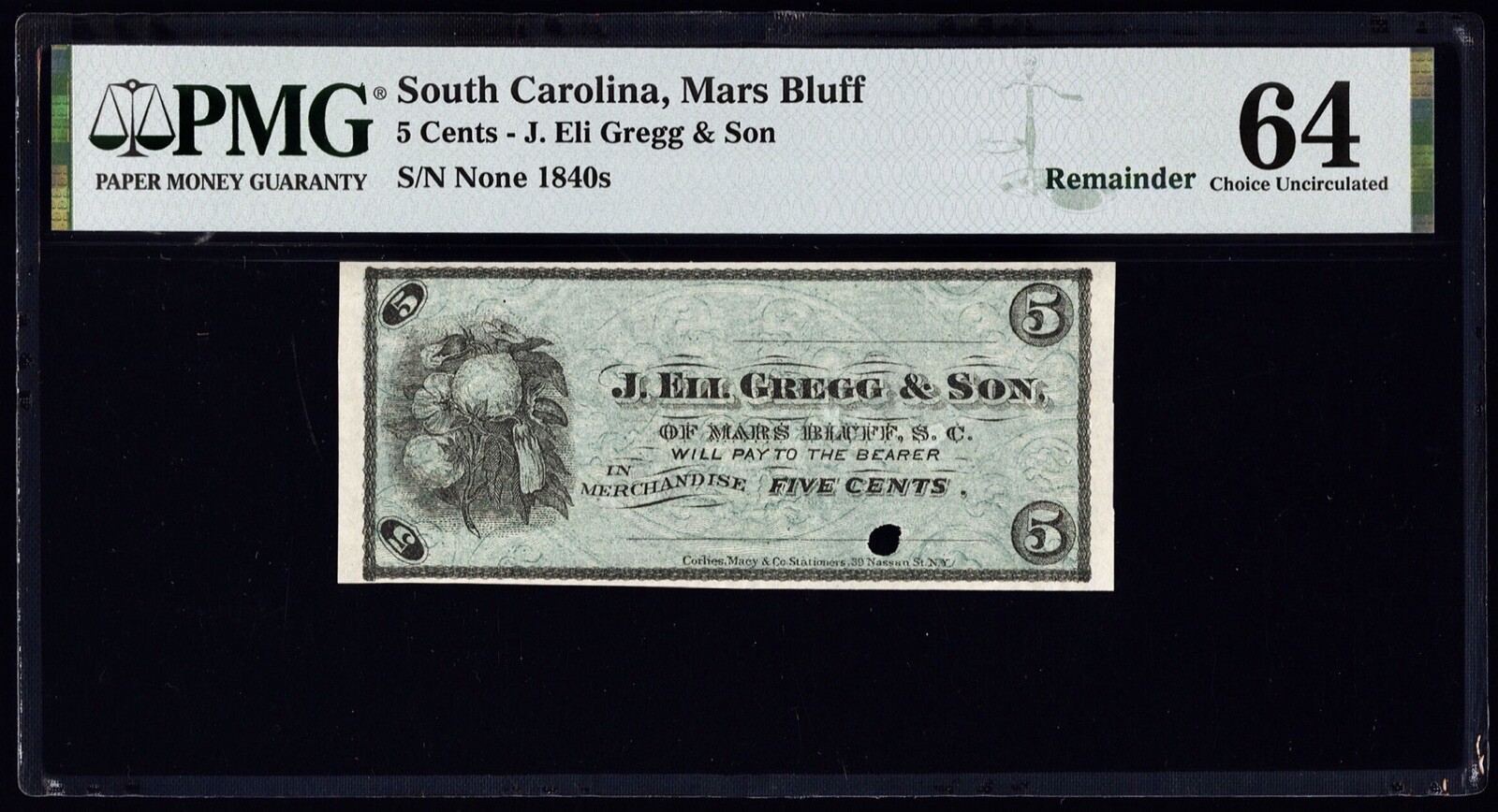 1840’s SC Mars Bluff South Carolina Obsolete Currency Gregg & Son 5¢ PMG CU 64