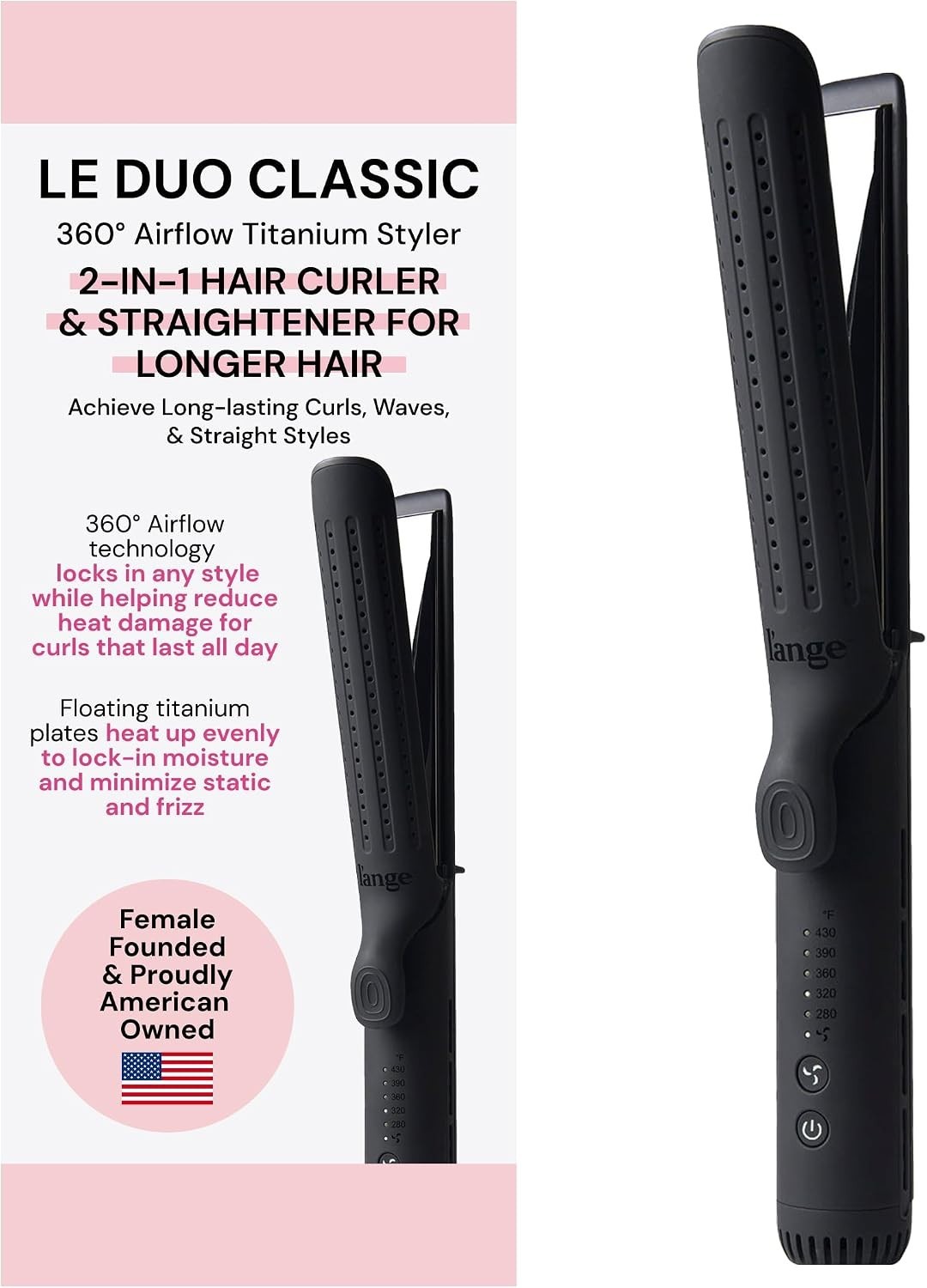 L\'ANGE Le Duo Grande 2-in-1 Titanium Hair Styler Straightener Black (Open Box)