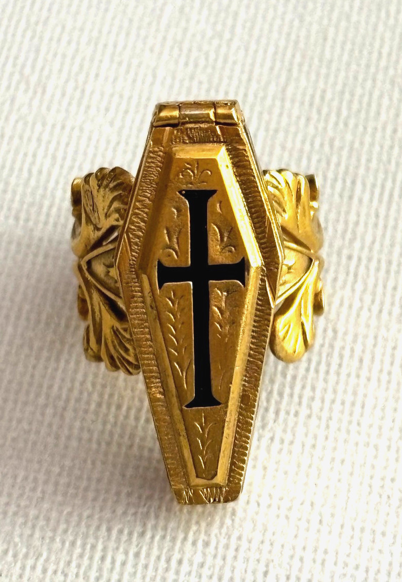 Antique French Imperial Era Memento Mori Casket Pill Box Silver Gild Enamel Ring