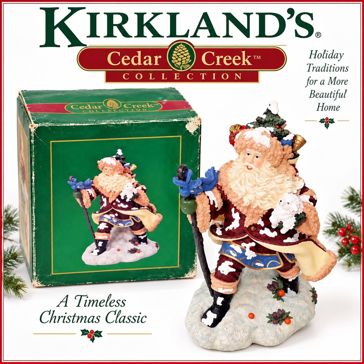 'KIRKLAND's LARGE SANTA FIGURINE CEDAR CREEK SANTA With Toy Bag, 11.5