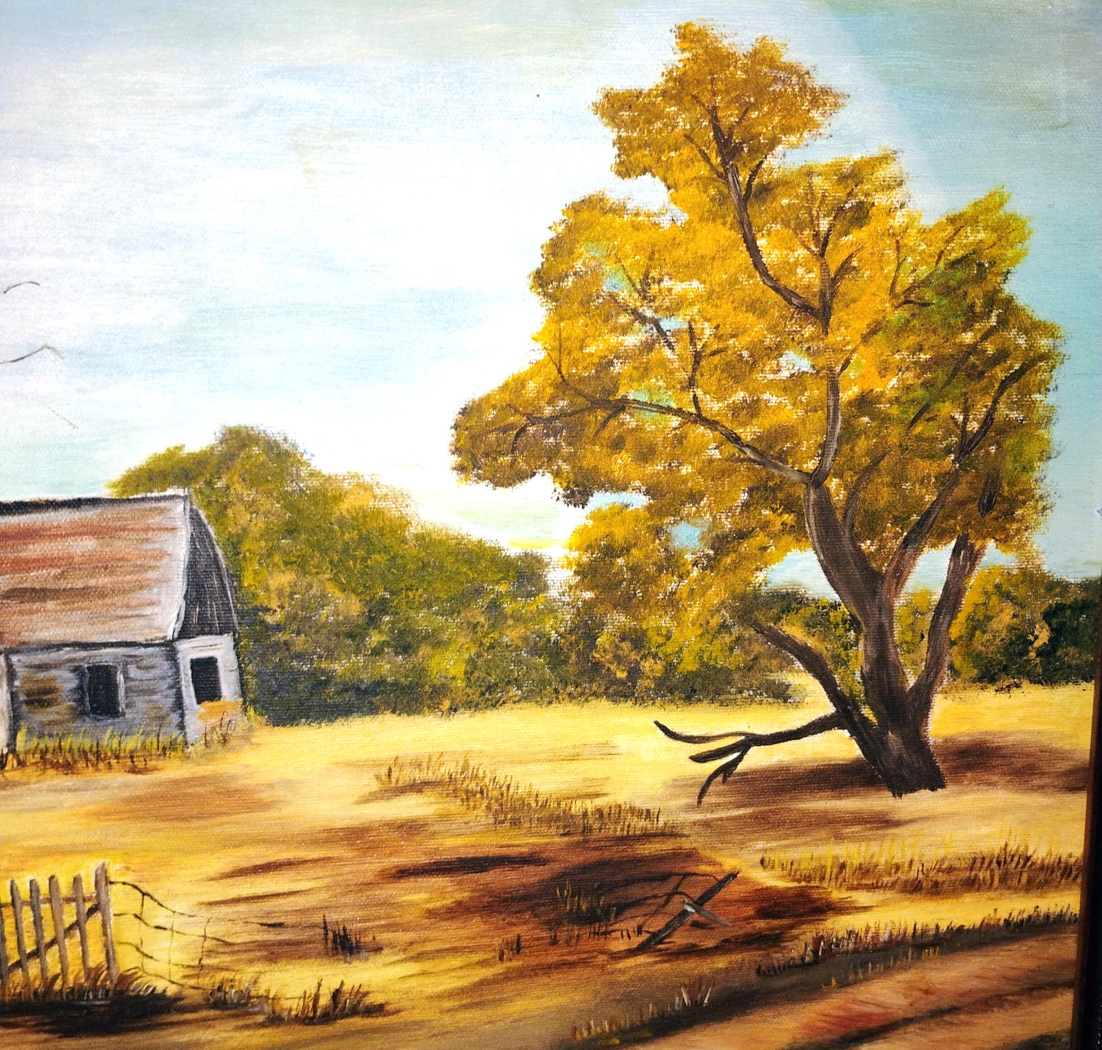 Original Oil Painting on Canvas – Framed Vintage Countryside Landscape Signed