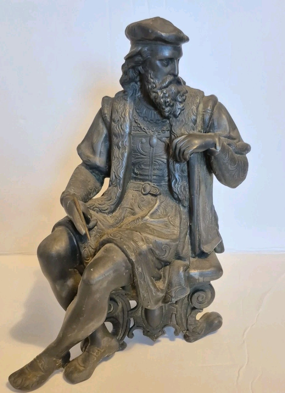 Leonardo Da Vinci 19th Century Cast Bronze Statue Rare Heavy Small Damage FRESHP
