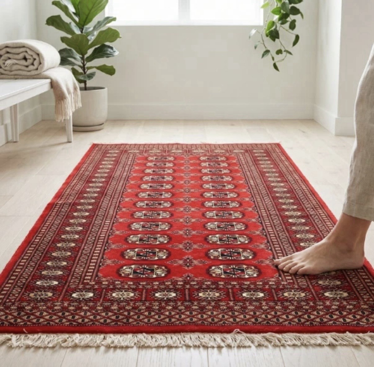 Bokhara Rug 3’1” x 5’0” Red Wool Tribal Hand-Knotted Oriental Turkmen Carpet