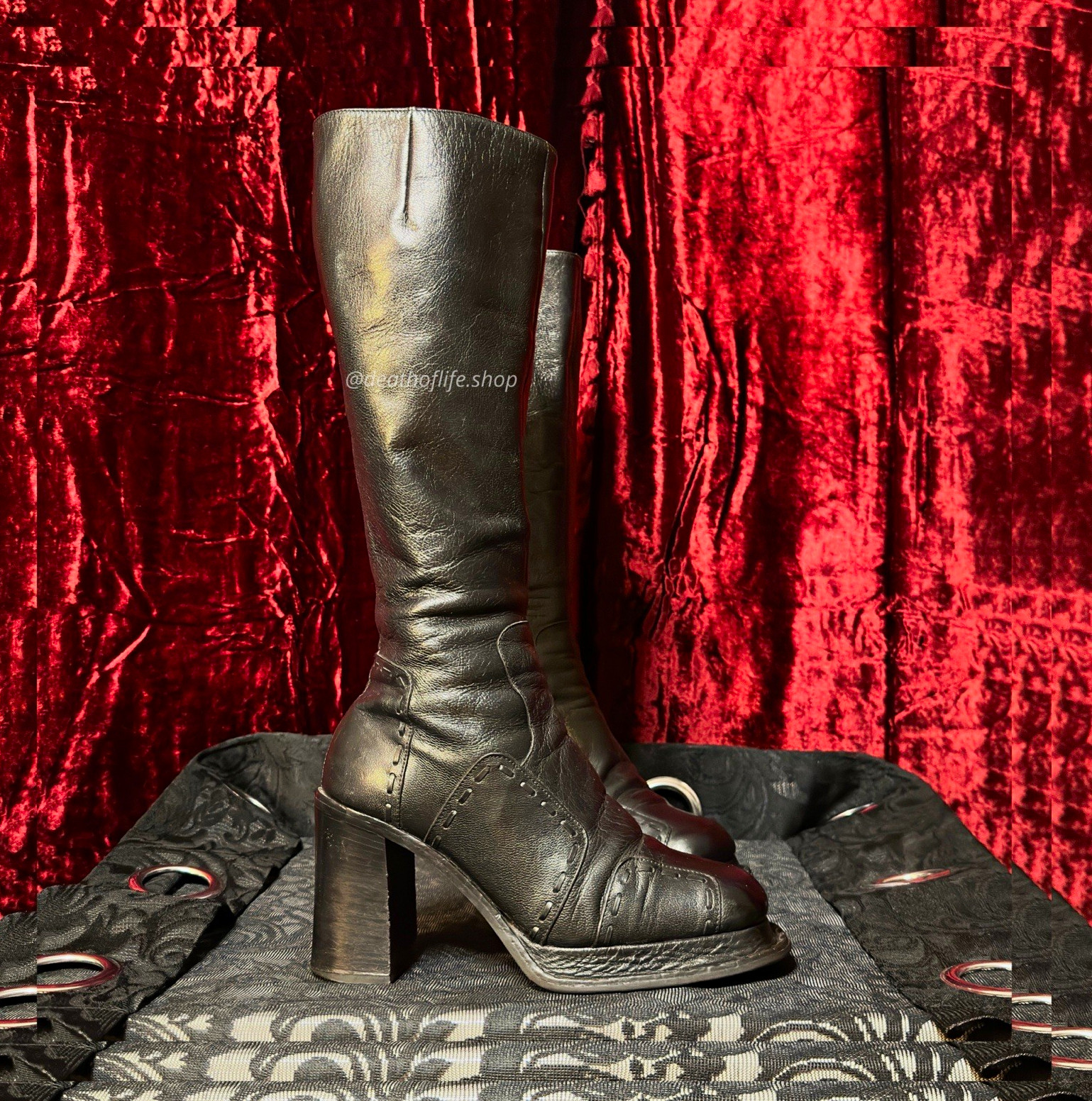 Vintage 90s Shellys London Black Leather Chunky Platform Knee High Boots UK 4