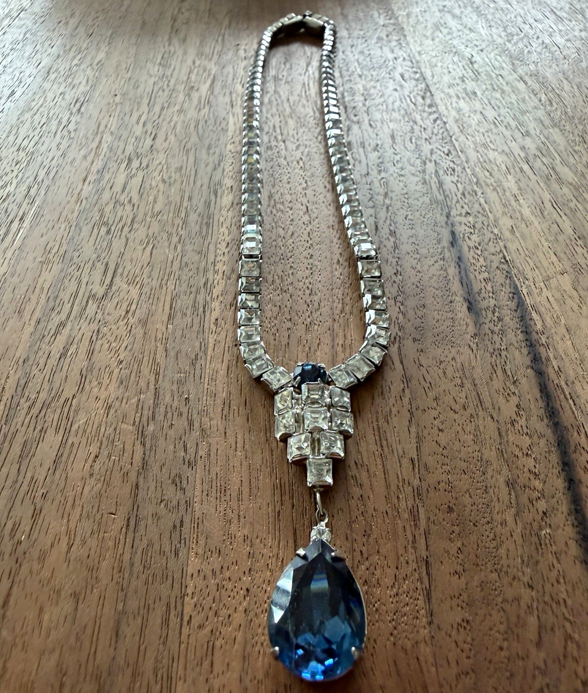 Eisenberg Ice Signed Silver Tone Blue Crystal Rhinestone Teardrop Necklace