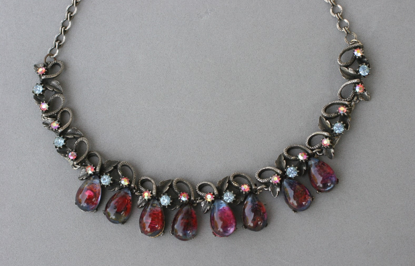 Vintage FLORENZA Tear Drop Watermelon/ AB Round Rhinestones Necklace Signed Vintage FLORENZA Tear Drop Watermelon/ AB Round Rhinestones Necklace Signed