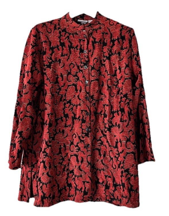 Vtg Chico\'s Design Brocade Long Shirt Jacket Sz 1 Red Black Mandarin Collar 90s