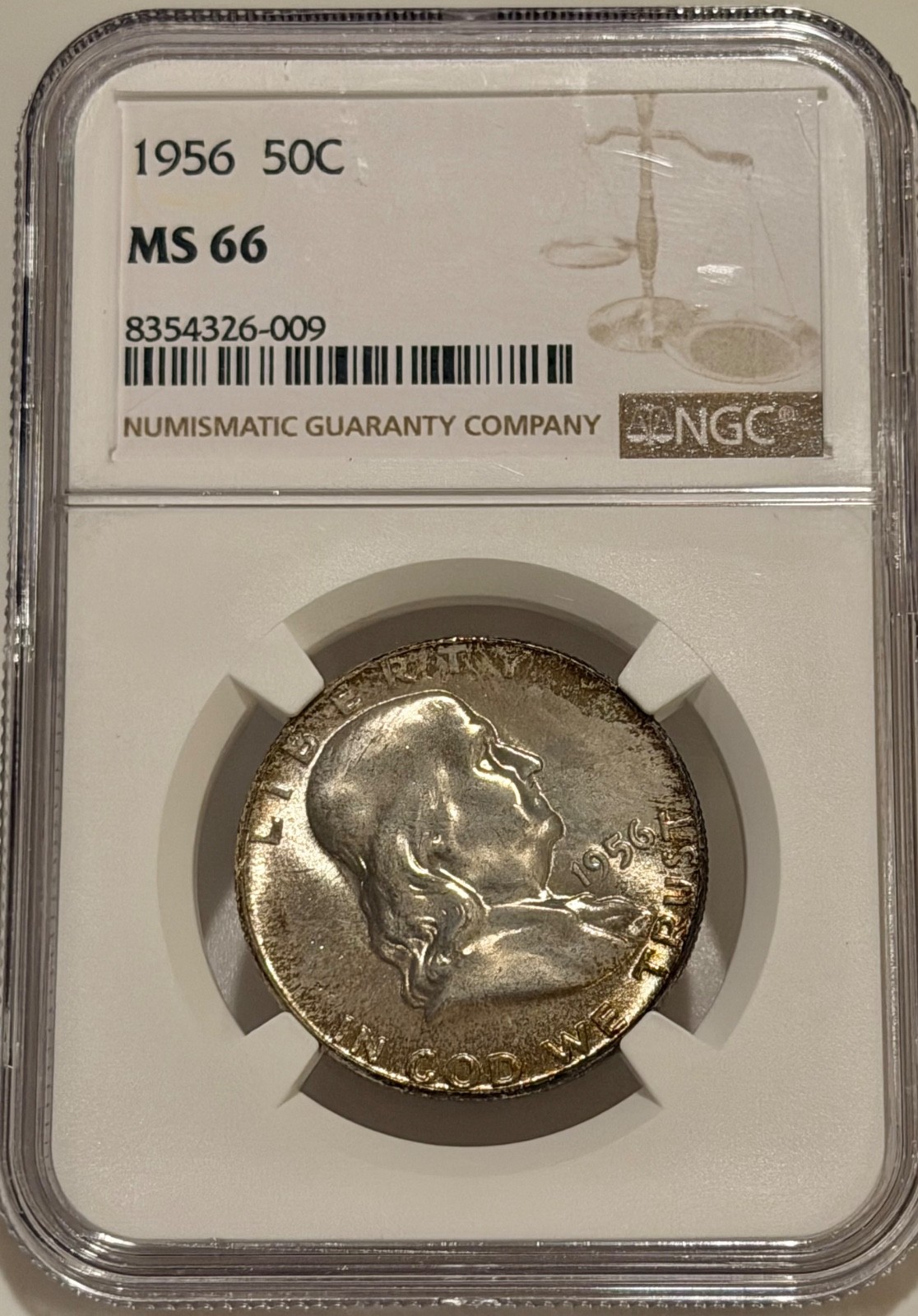1956 P Franklin Silver Half Dollar NGC MS66 Lightly Toned