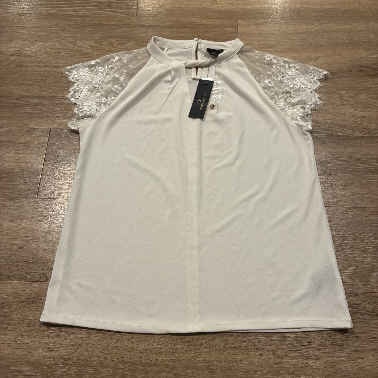 Worthington Womens Top White Size M Medium Lace Sleeve Blouse