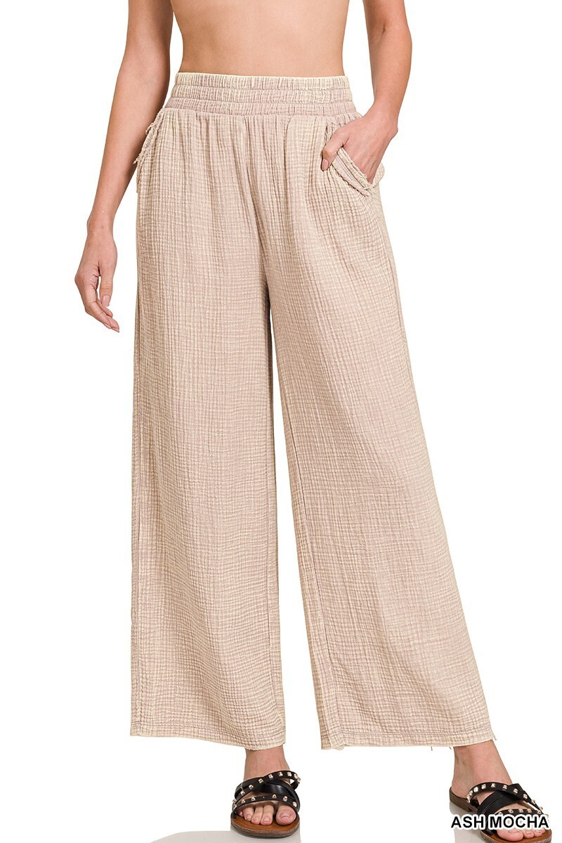 ZENANA  ASH MOCHA WASHED DOUBLE GAUZE FRAYED HEM ELASTIC  WAIST PANTS