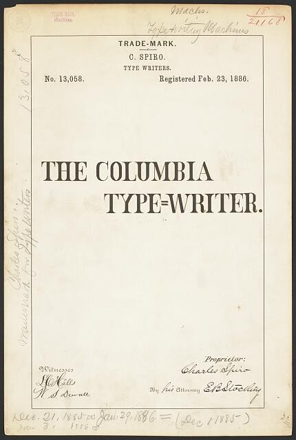 Photo:1886 Columbia Type-Writer C. Spiro Trade-Mark Patent Document