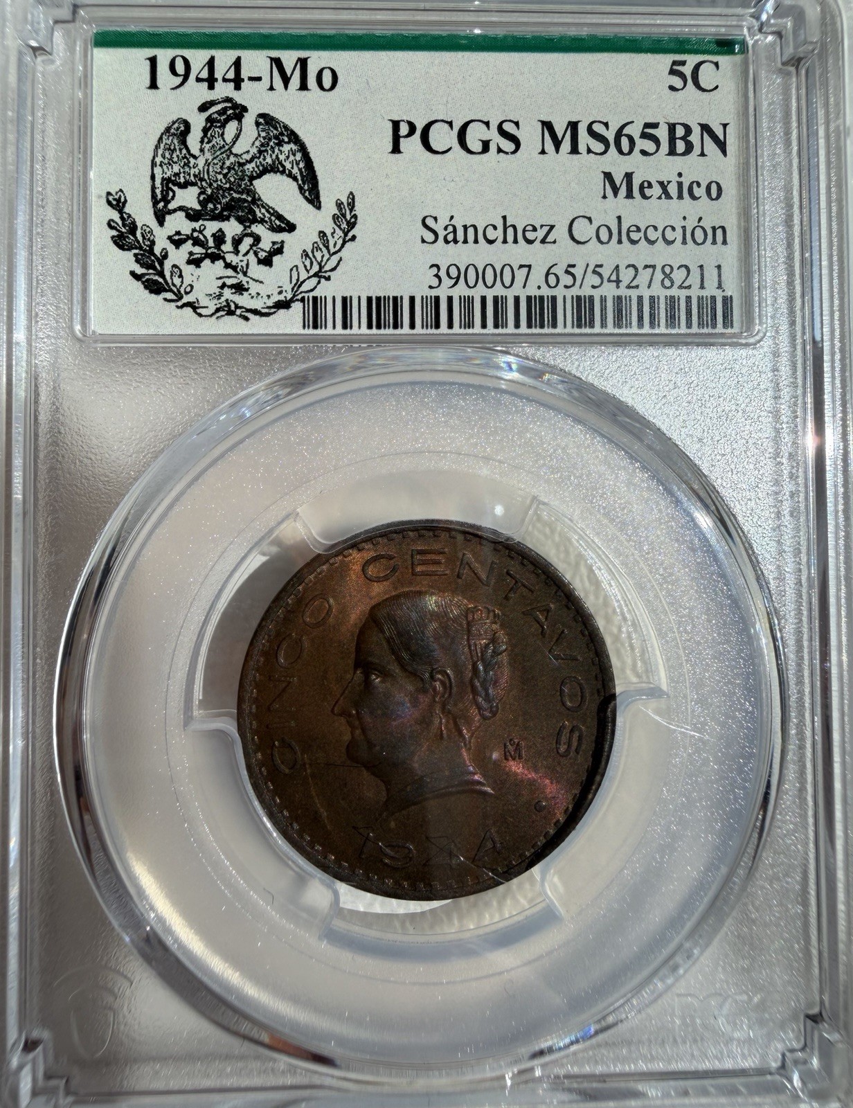 1944 Mexico 5 Centavos PCGS MS65BN RARE Sánchez Colección Uncirculated 1944 Mexico 5 Centavos PCGS MS65BN RARE Sánchez Colección Uncirculated