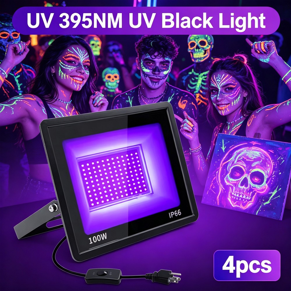 4PCS 395NM UV LED Black Light 100W Floodlight Christmas Party DJ Dance Glow Lamp