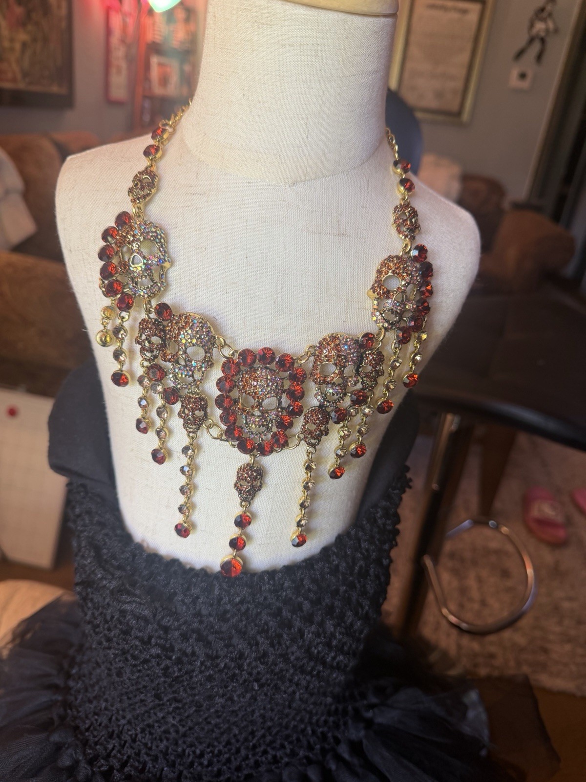 NATASHA Gothic Skull Red Clear Rhinestones Chandelier Statement Necklace