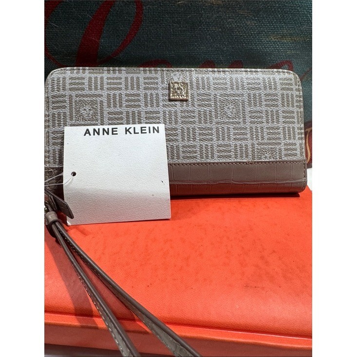Anne Klein Lion Logo Slim Zip Around Wallet Truffle Monogram