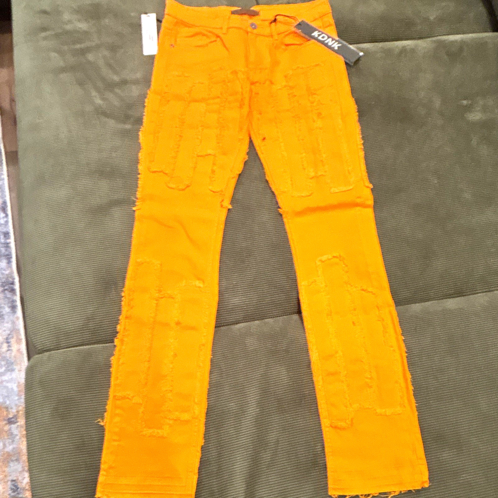 KDNK Men’s Orange Denim Skinny Jeans Slim Fit Distressed Stacked 5-Pocket