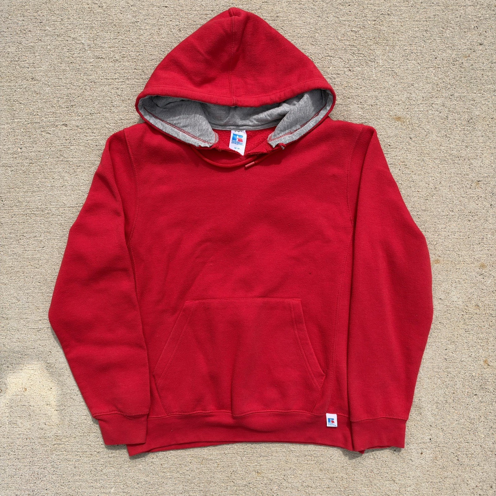 Vintage Russell Athletic Hoodie Mens Medium Red Fleece Sweatshirt Distressed