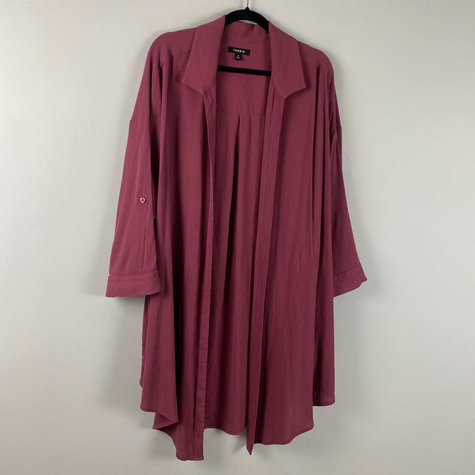 Torrid Oversized Shirt Kimono Size 2X Open Front Dusty Rose Roll Tab Sleeve