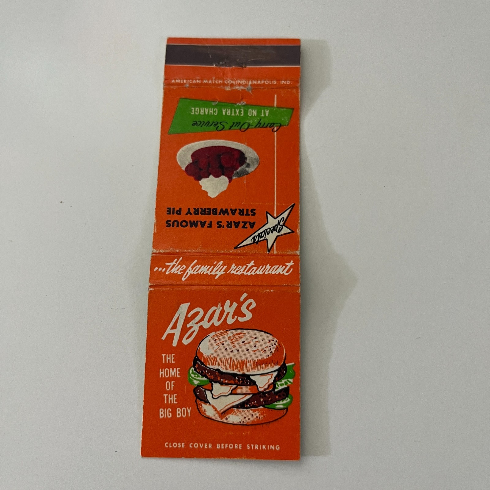 Azar's Restaurant The Home Of The Big Boy Vintage Matchbook Cover TMB27-3 Azar's Restaurant The Home Of The Big Boy Vintage Matchbook Cover TMB27-3