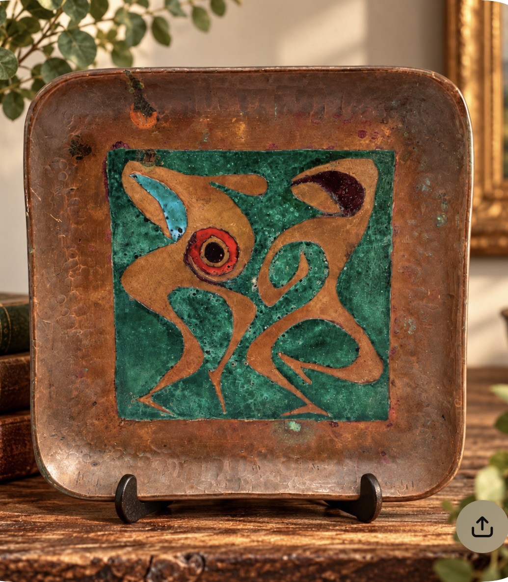 Vintage 1947 Hammered Enameled Square Copper Plate Art Abstract Figures Green Vintage 1947 Hammered Enameled Square Copper Plate Art Abstract Figures Green